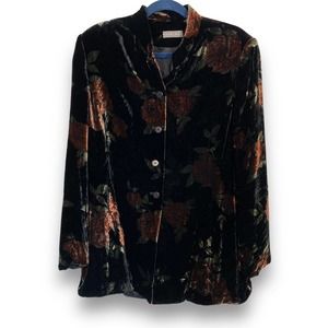 KATE HILL Black Floral Silk Blend Velvet Button Down Shirt Blazer Shoulder Pads